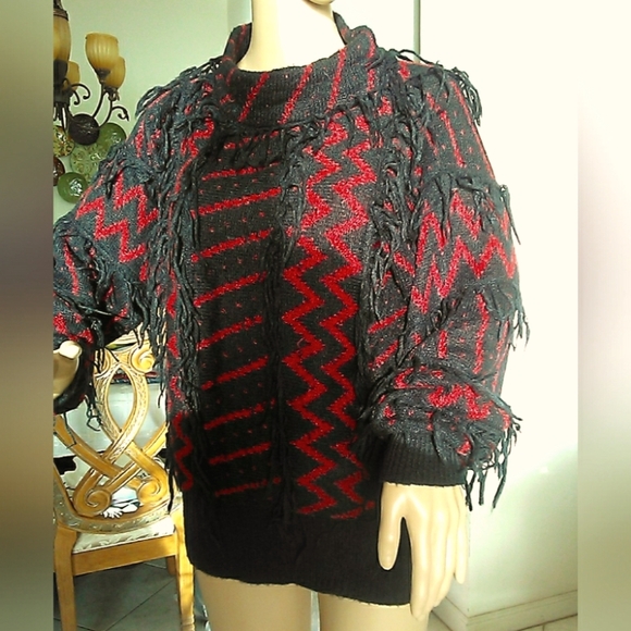 VINTAGE SWEATER RED & BLACK FRINGE BY SUNBOW 2 SZ. MED VERY UNIQUE - Picture 4 of 7
